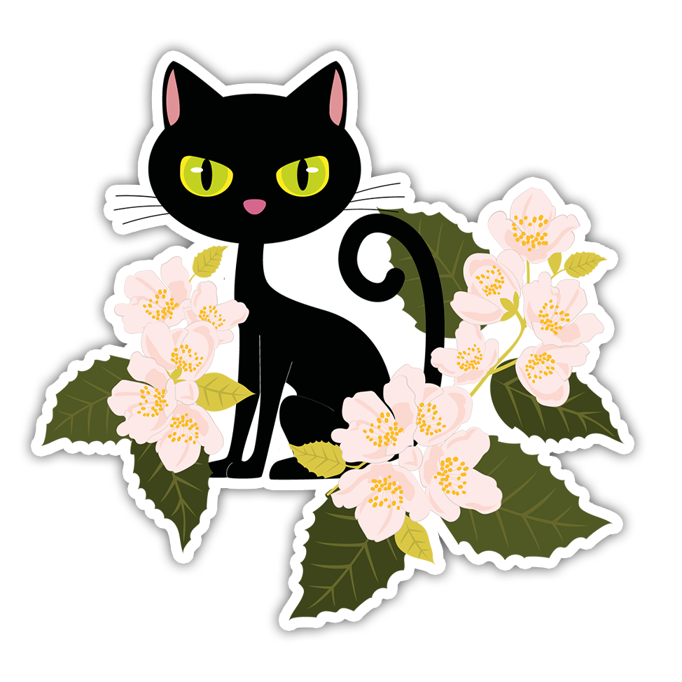 Black Cat with Pale Flowers Die Cut Sticker (1148)
