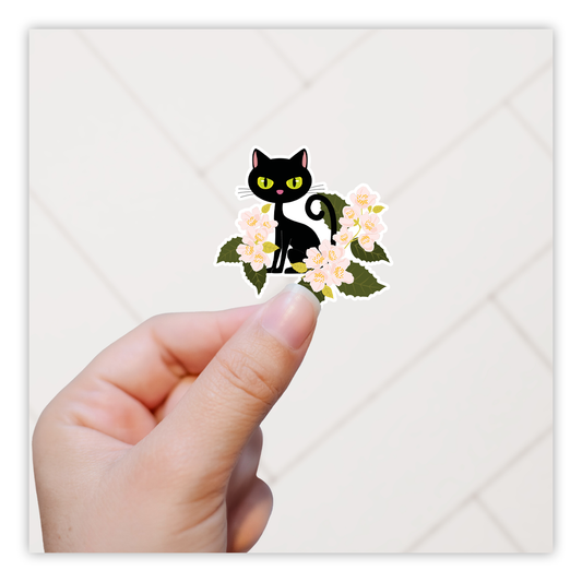 Black Cat with Pale Flowers Die Cut Sticker (1148)