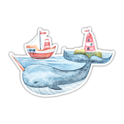 Watercolor Narwal Whale Ship Lighthouse Die Cut Sticker (1517)