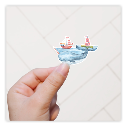 Watercolor Narwal Whale Ship Lighthouse Die Cut Sticker (1517)