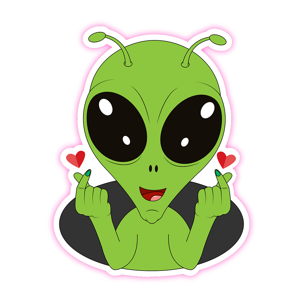 Cartoon Alien with Heart Fingers Die Cut Sticker (1898)