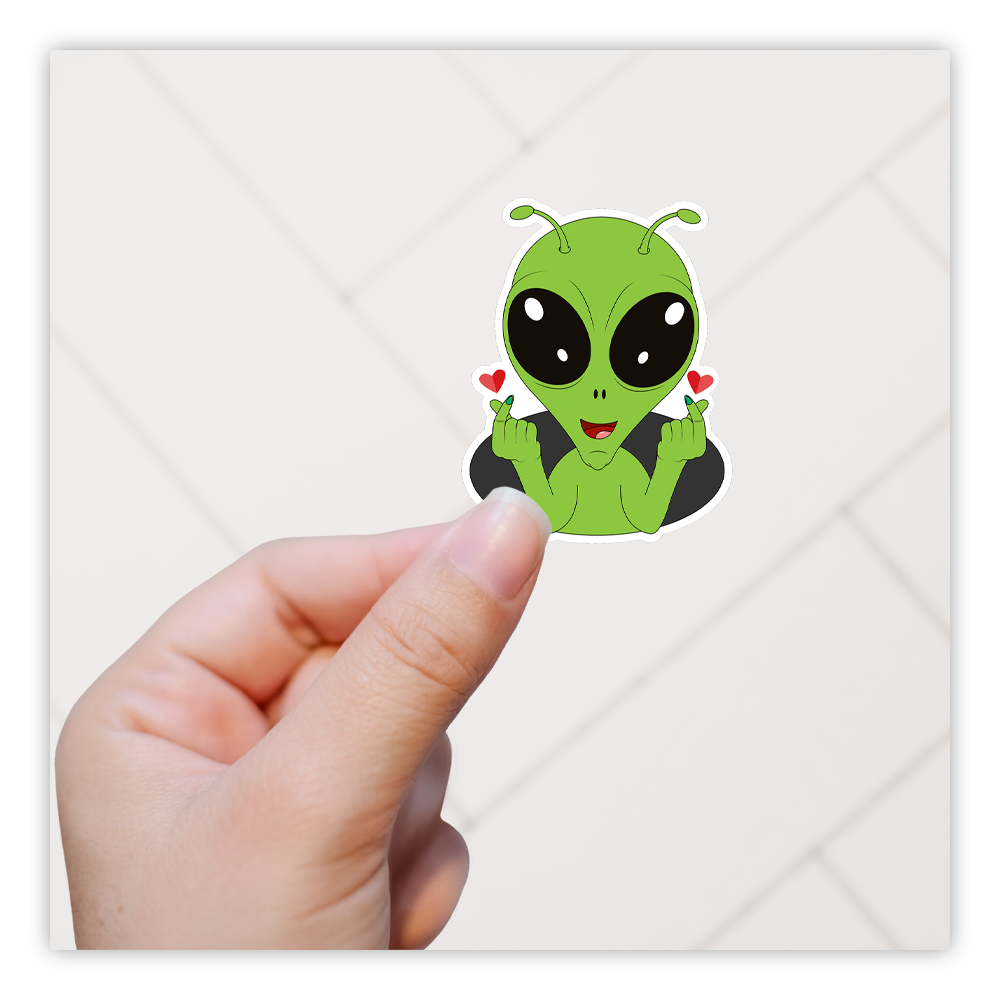 Cartoon Alien with Heart Fingers Die Cut Sticker (1898)
