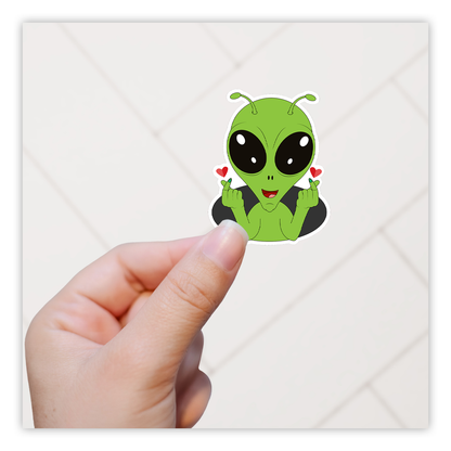 Cartoon Alien with Heart Fingers Die Cut Sticker (1898)