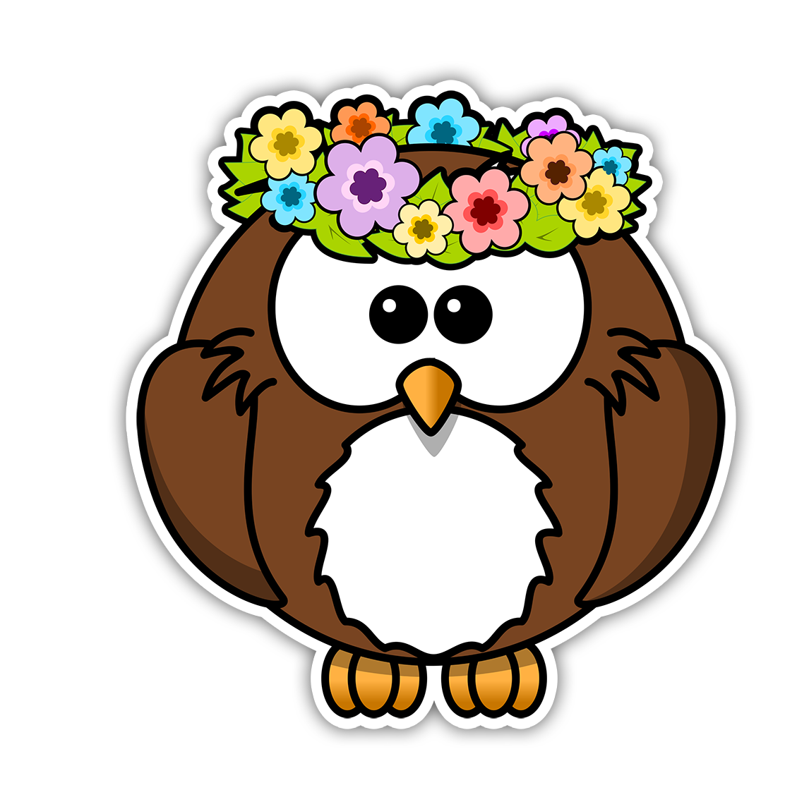 Cartoon Owl with Flower Crown Die Cut Sticker (2185)