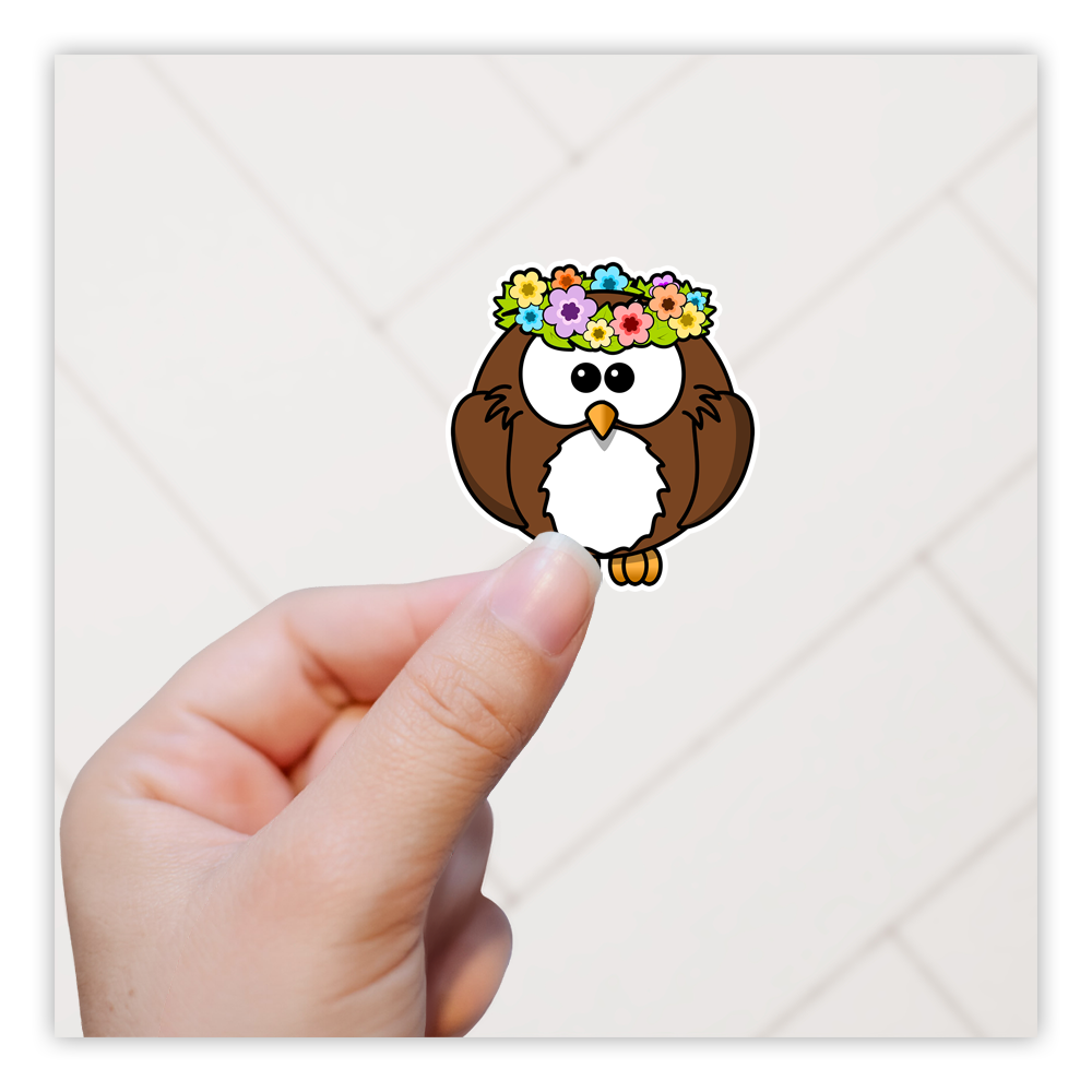 Cartoon Owl with Flower Crown Die Cut Sticker (2185)