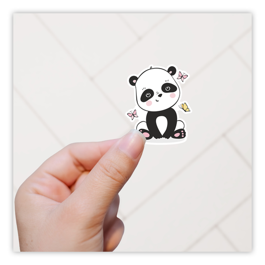 Cartoon Panda Bear with Butterflies Die Cut Sticker (2192)