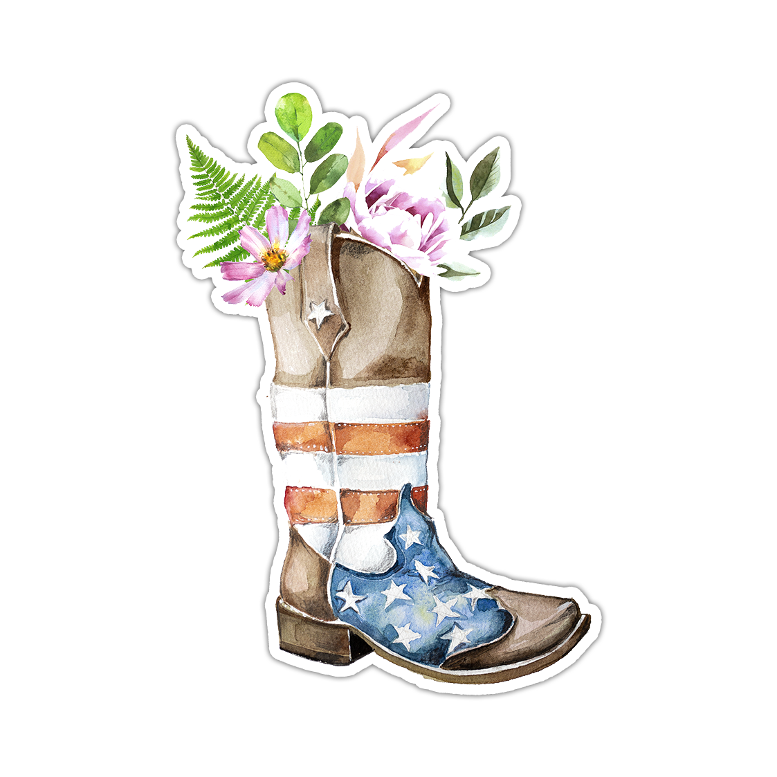 Boho Cowboy Boot Flowers American Flag Die Cut Sticker (2193)