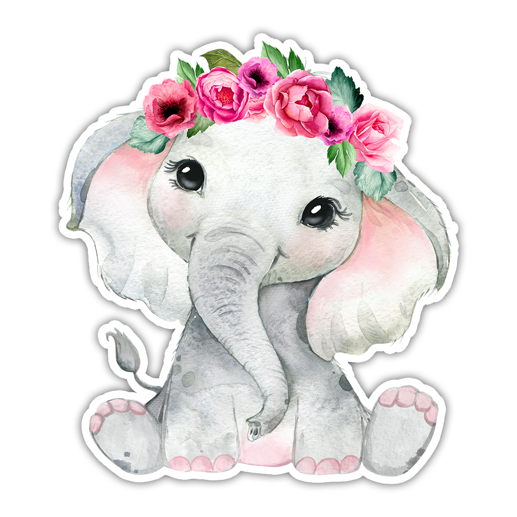 Watercolor Baby Elephant Flower Crown Die Cut Sticker (2365)
