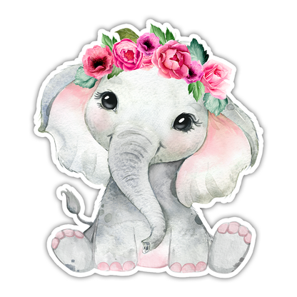 Watercolor Baby Elephant Flower Crown Die Cut Sticker (2365)