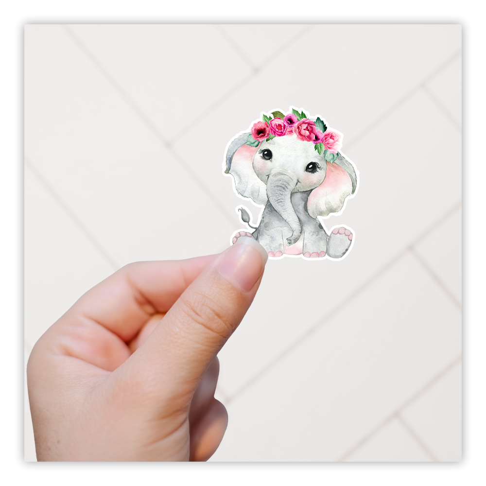 Watercolor Baby Elephant Flower Crown Die Cut Sticker (2365)