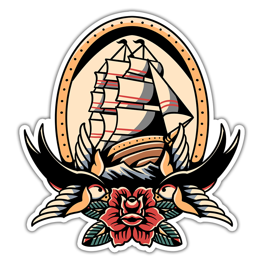 Ship Sparrows Rose Tattoo Flash Die Cut Sticker (2440)