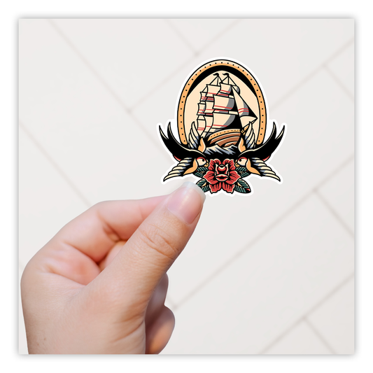 Ship Sparrows Rose Tattoo Flash Die Cut Sticker (2440)