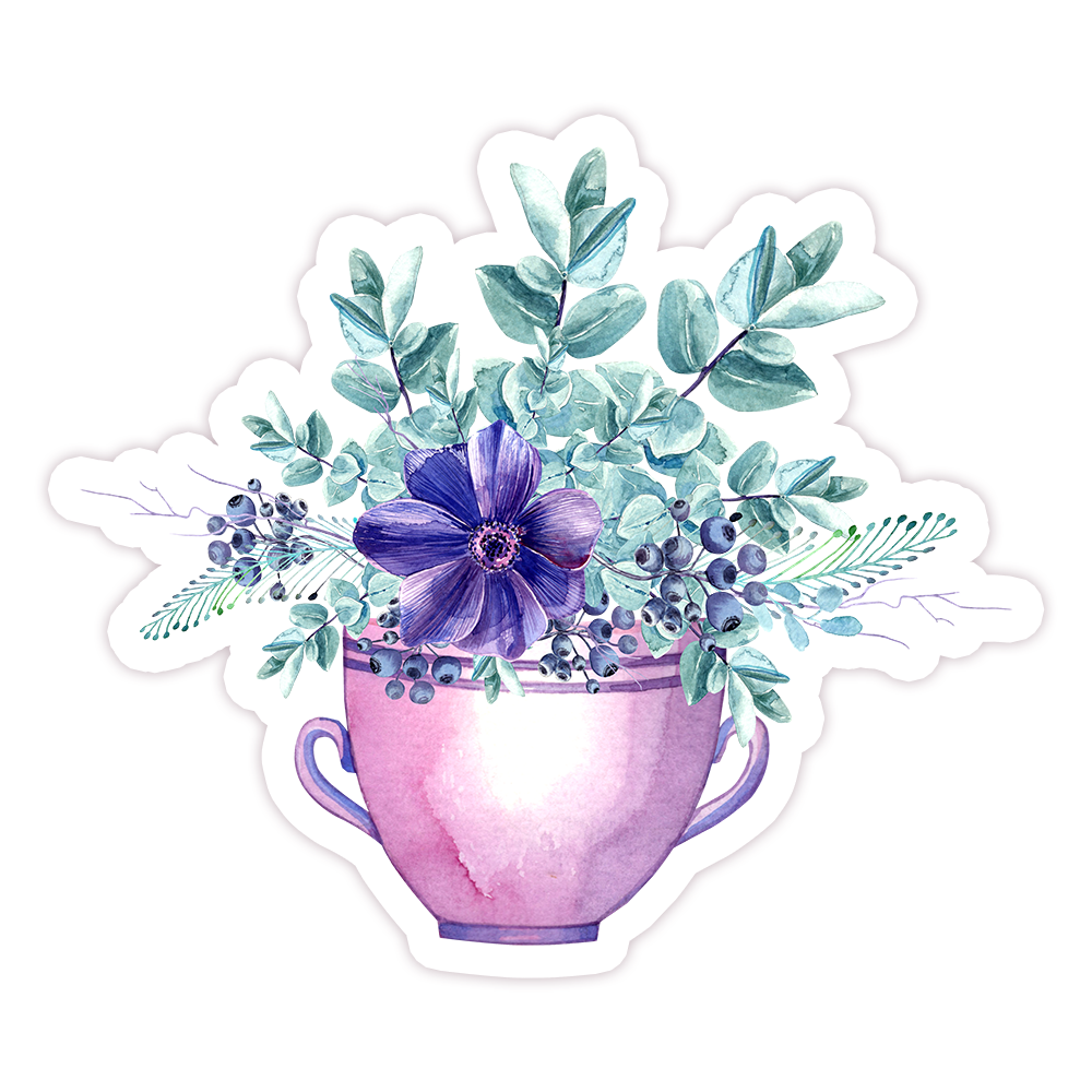 Purple Flowers in Teacup Die Cut Sticker (256)