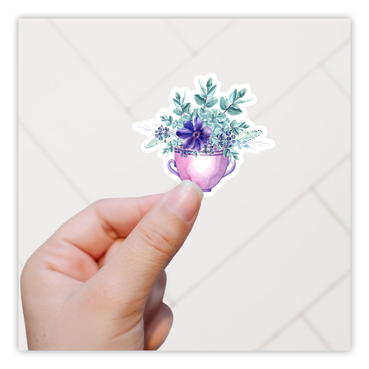 Purple Flowers in Teacup Die Cut Sticker (256)