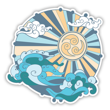 Illustrative Ocean Waves Sun and Clouds Die Cut Sticker (2694)