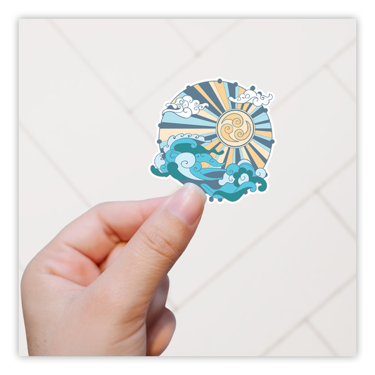 Illustrative Ocean Waves Sun and Clouds Die Cut Sticker (2694)