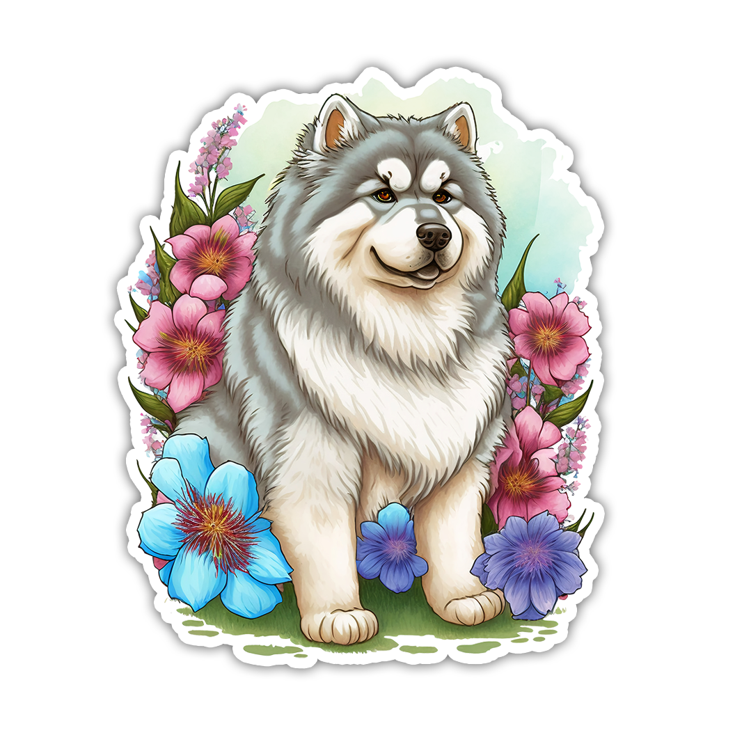 Floral Huskey Malamute Dog Die Cut Sticker (2771)