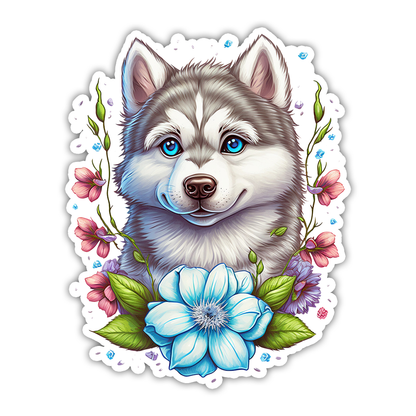 Floral Huskey Malamute Dog Die Cut Sticker (2784)