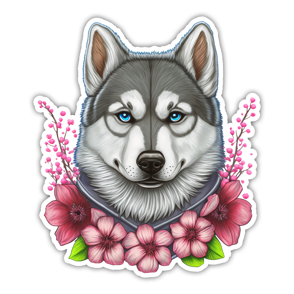 Floral Huskey Malamute Dog Die Cut Sticker (2787)