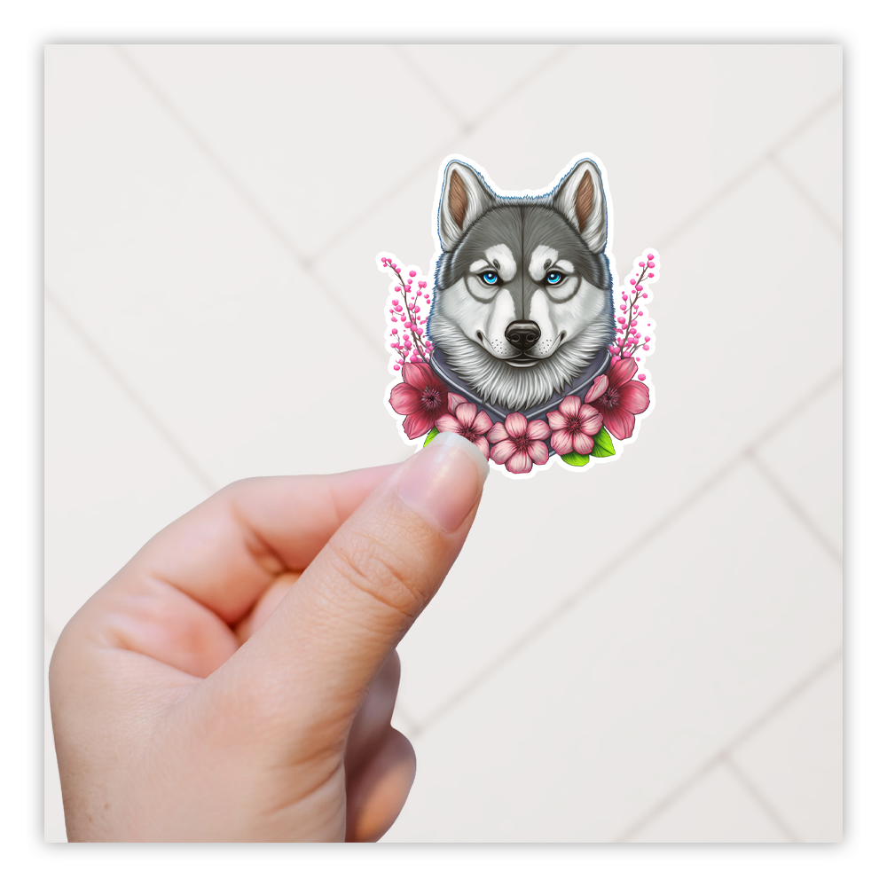 Floral Huskey Malamute Dog Die Cut Sticker (2787)