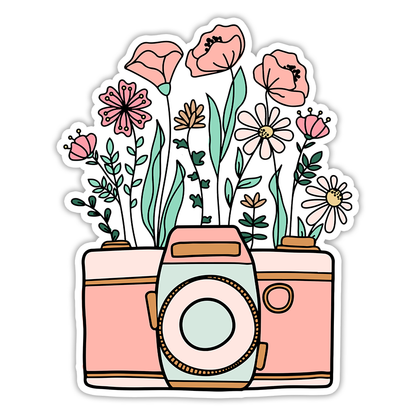 Pink Camera and Wildflowers Die Cut Sticker (2804)