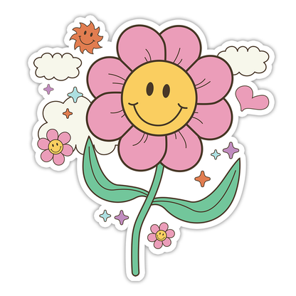 Y2K Retro Pink Flower with Smiley Face Die Cut Sticker (2808)