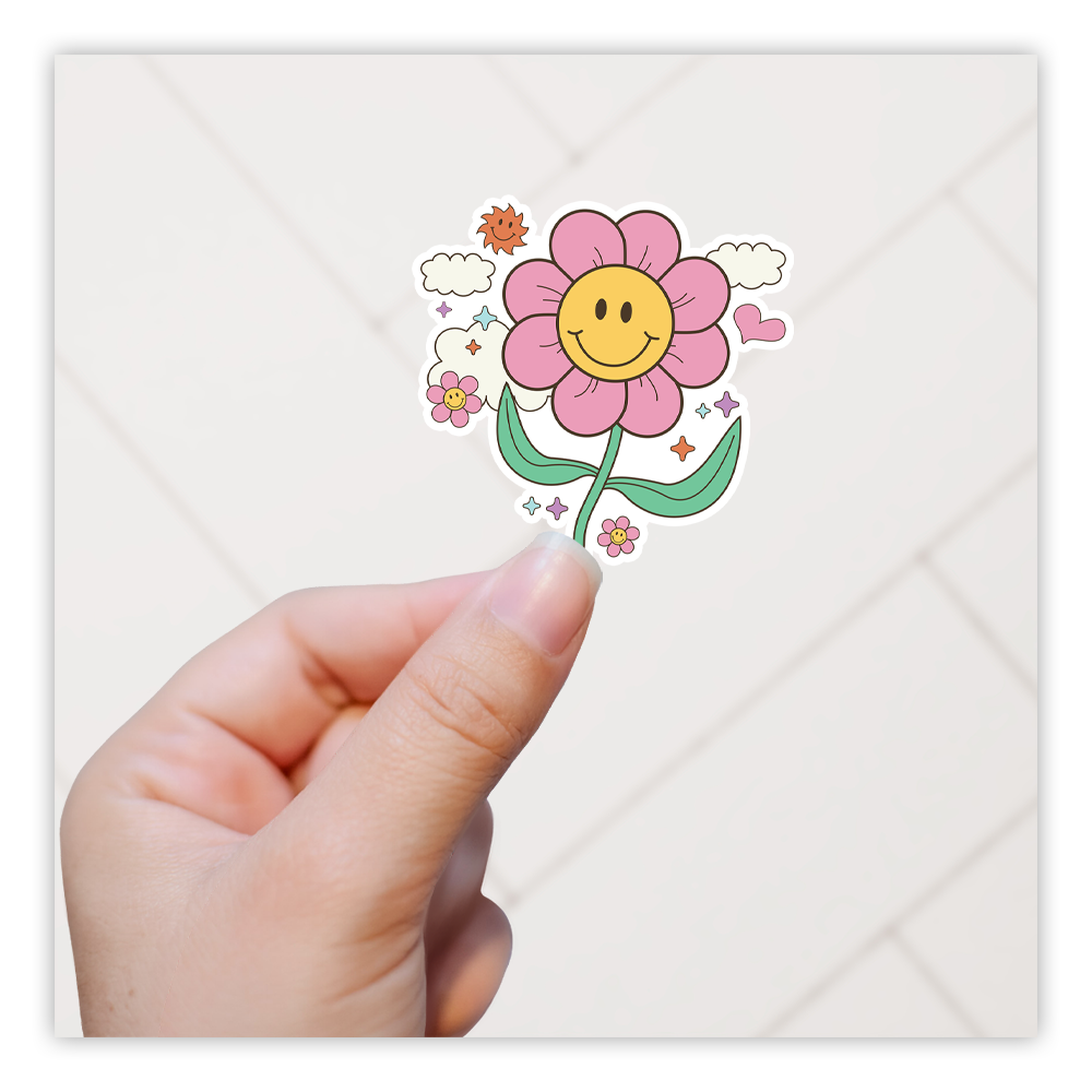 Y2K Retro Pink Flower with Smiley Face Die Cut Sticker (2808)