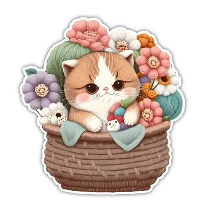 Embroidered Kitten in Flower Basket Die Cut Sticker (2944)