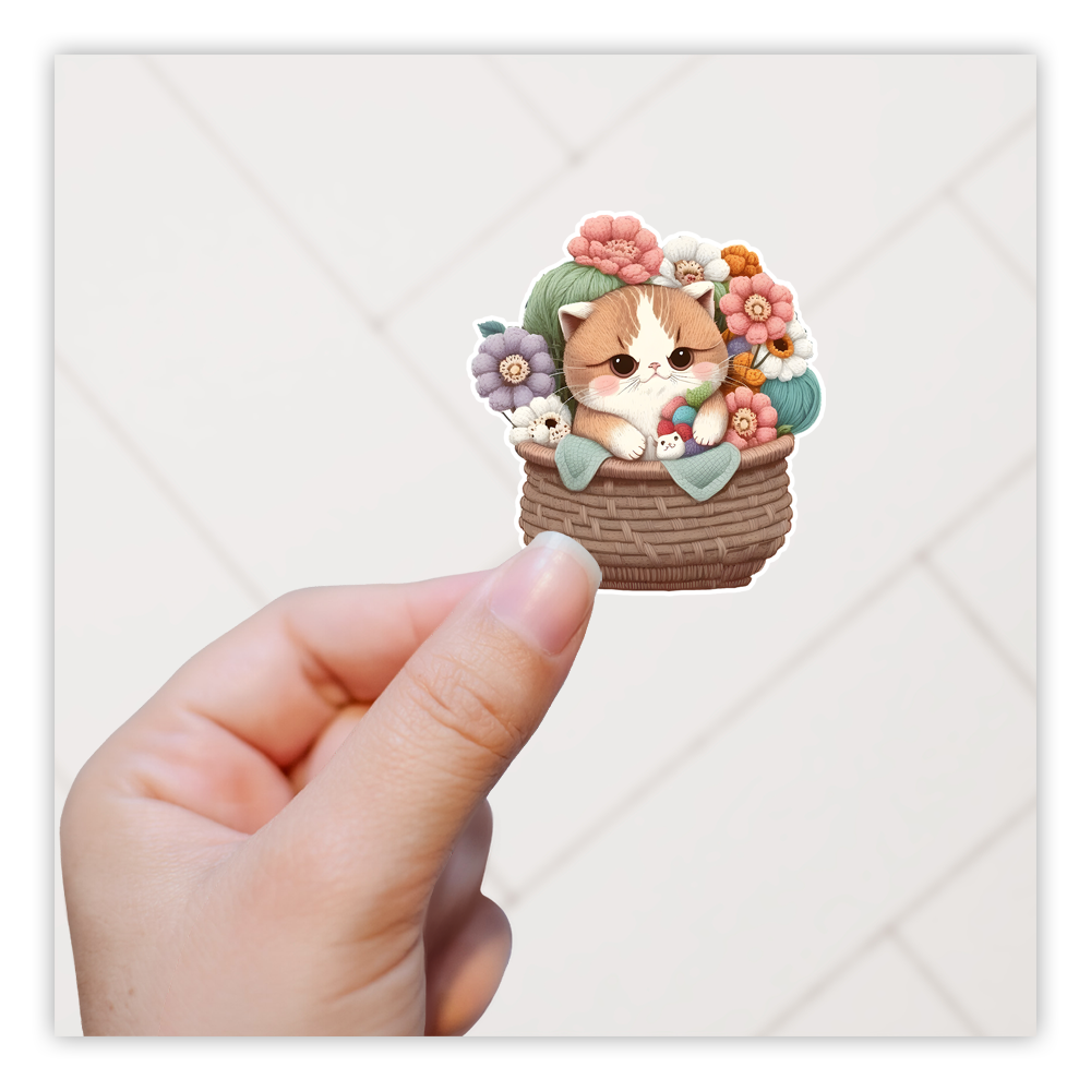 Embroidered Kitten in Flower Basket Die Cut Sticker (2944)