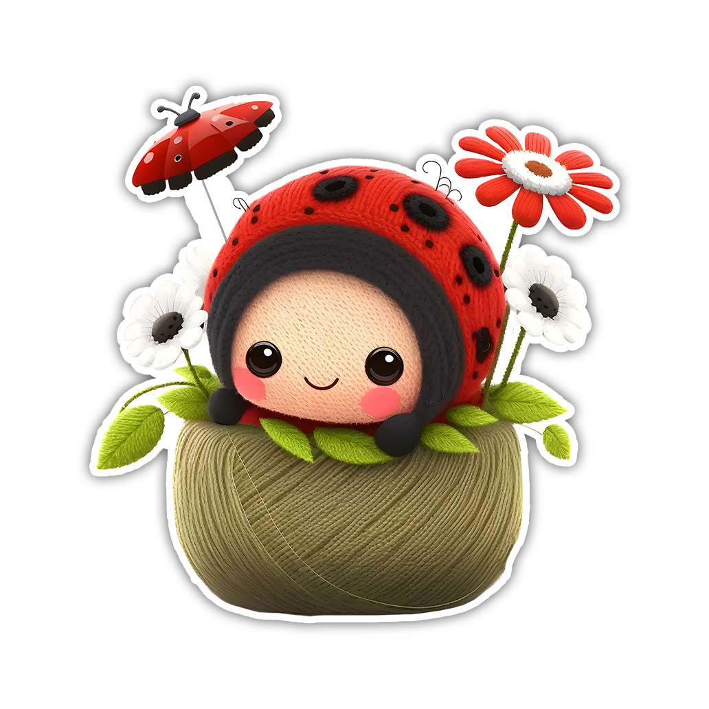 Embroidered Ladybug in Flower Basket Die Cut Sticker (2945)
