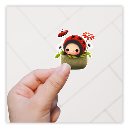 Embroidered Ladybug in Flower Basket Die Cut Sticker (2945)