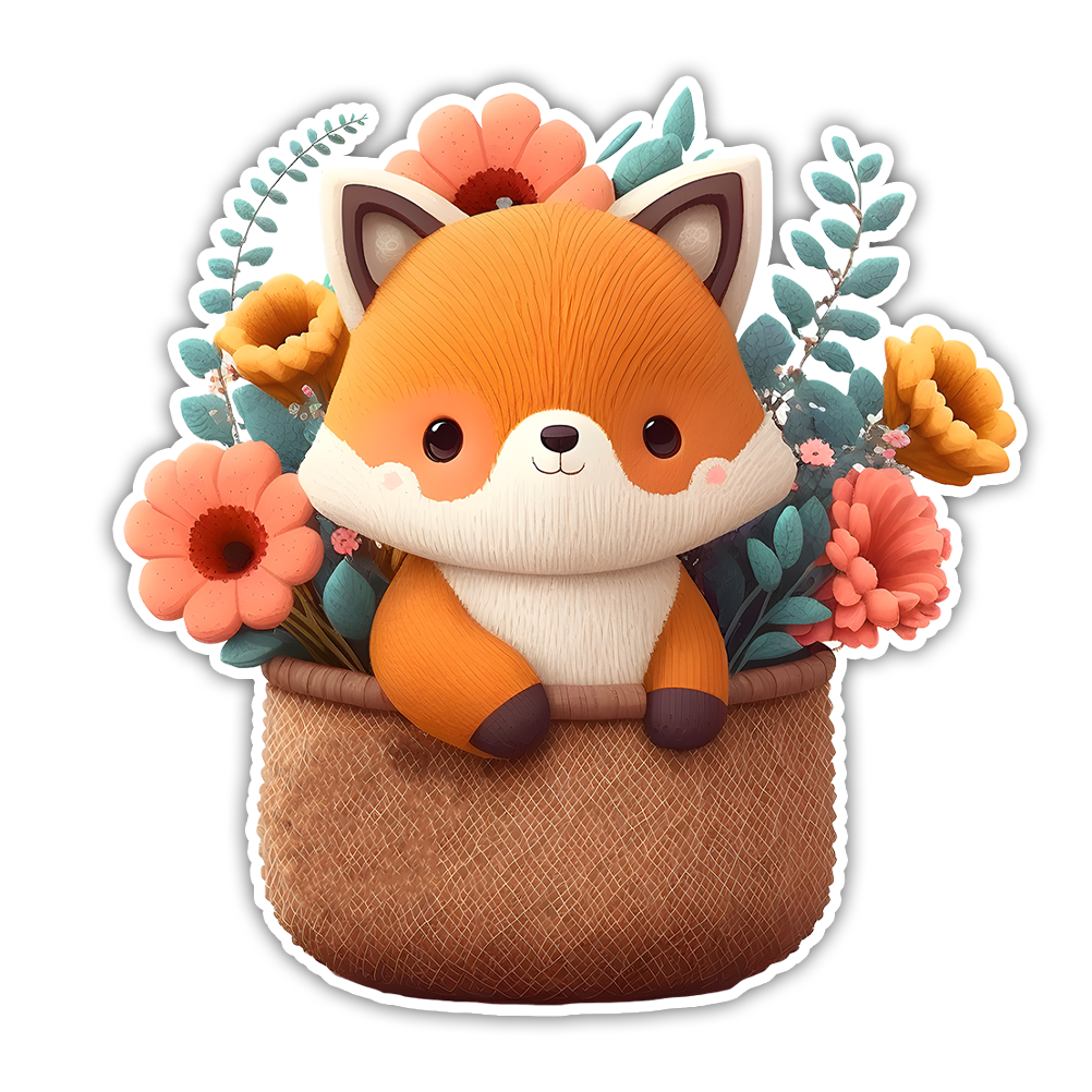 Boho Fox in Flower Basket Die Cut Sticker (2946)