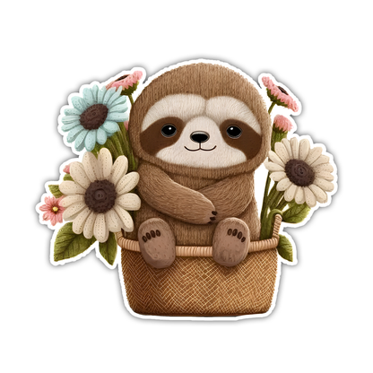 Embroidered Sloth in Flower Basket Die Cut Sticker (2947)