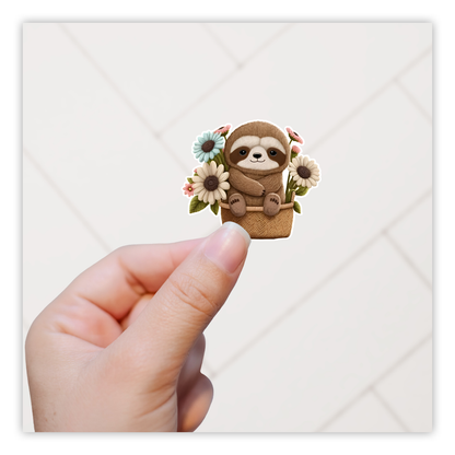 Embroidered Sloth in Flower Basket Die Cut Sticker (2947)
