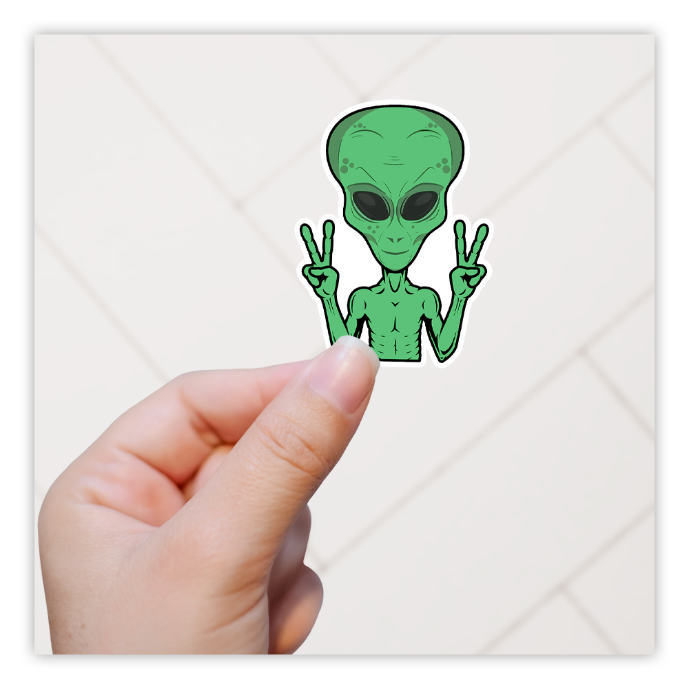 Green Alien Peace Signs Die Cut Sticker (3186)