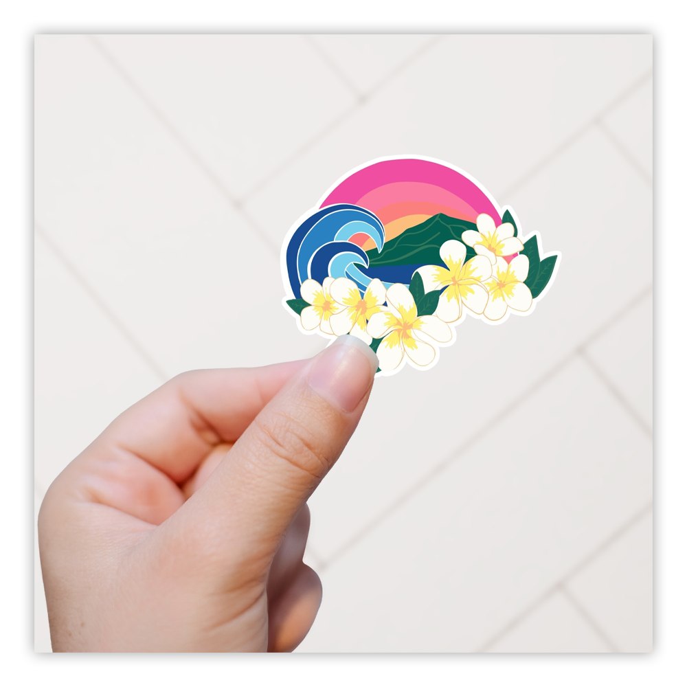 Tropical Rainbow Waves Plumeria Flowers Die Cut Sticker (3302)