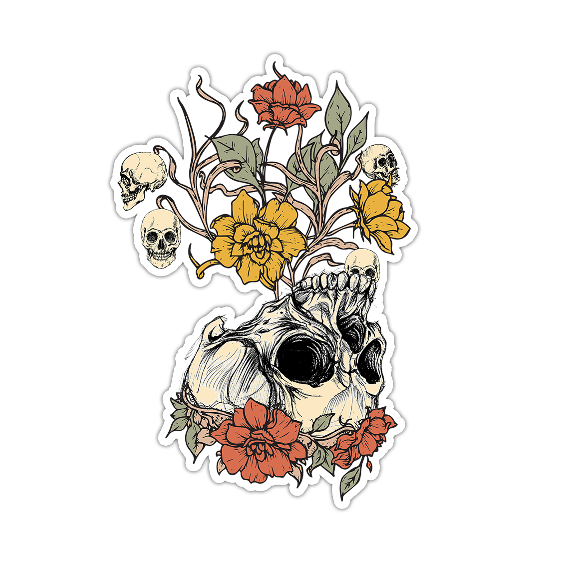 Skull with Wild Flowers Die Cut Sticker (3372)