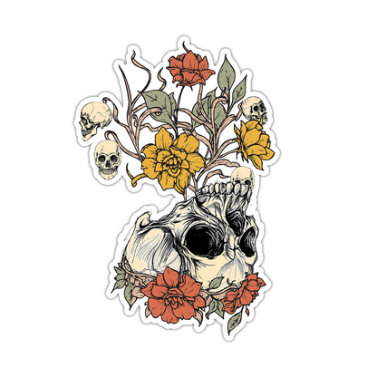 Skull with Wild Flowers Die Cut Sticker (3372)