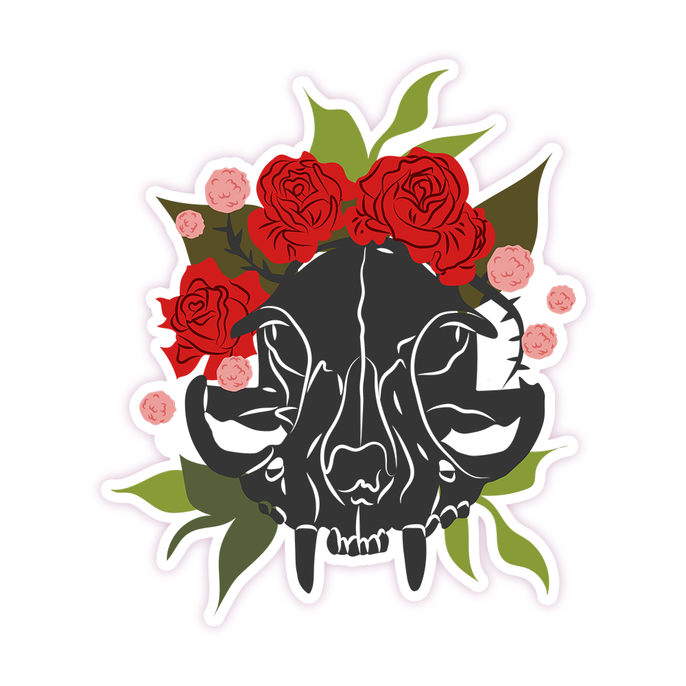 Cat Skull Red Flowers Die Cut Sticker (338)