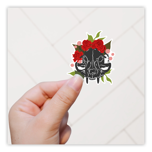 Cat Skull Red Flowers Die Cut Sticker (338)