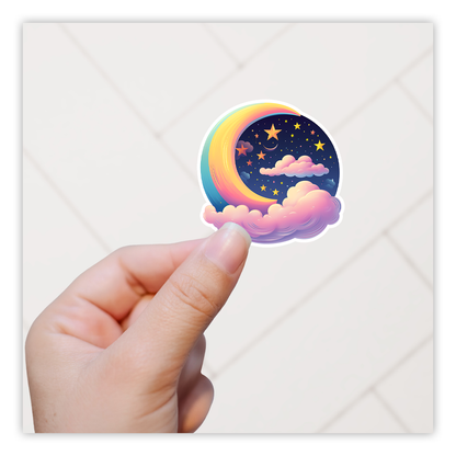 Dreamy Crescent Moon and Pink Clouds Die Cut Sticker (4183)