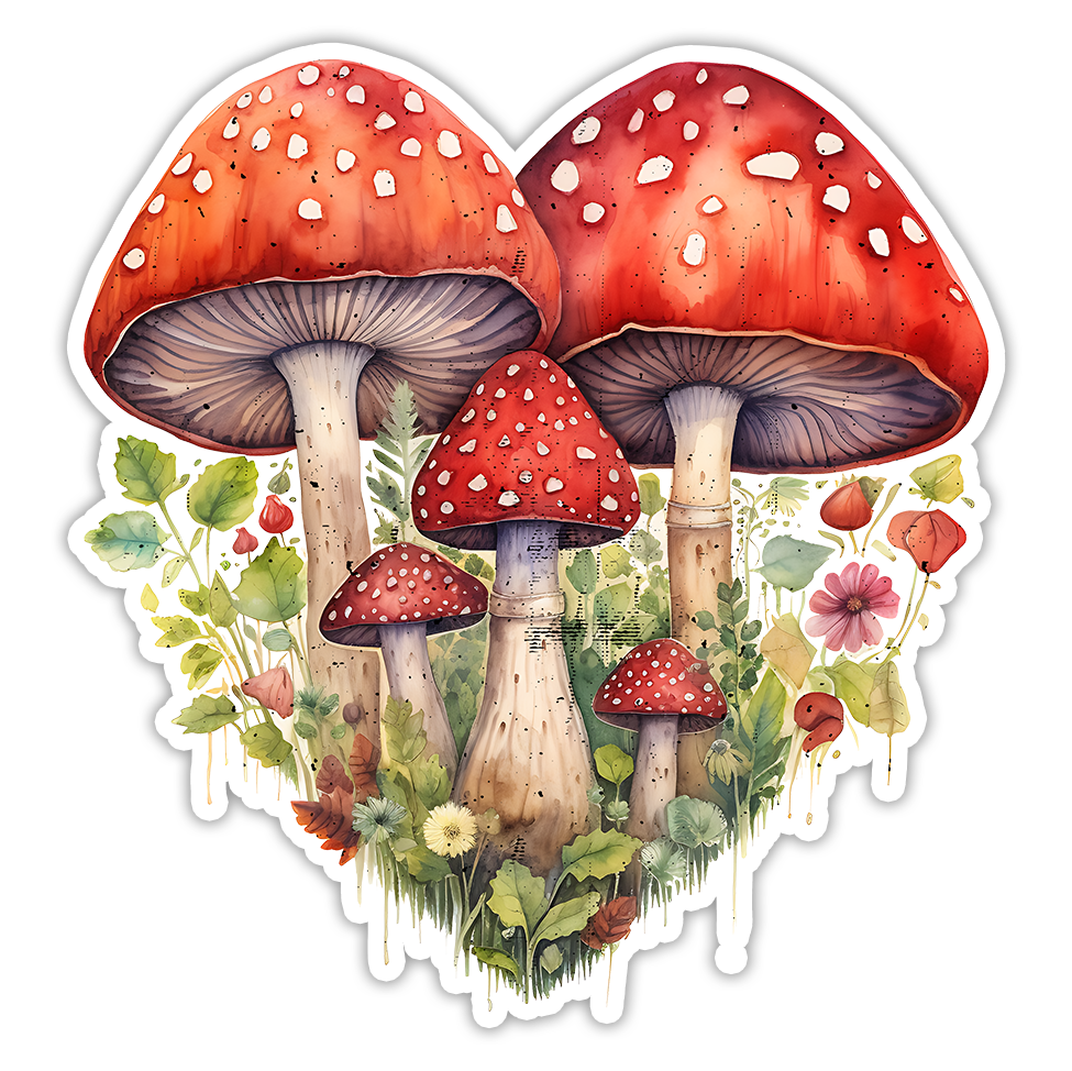 Red Cap Fly Agaric Mushrooms Heart Die Cut Sticker (4186)