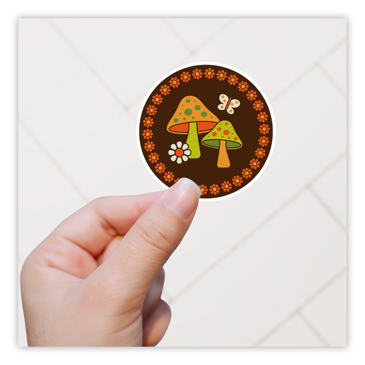 Retro 70's Mushrooms Flower Butterfly Die Cut Sticker (4290)