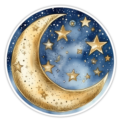 Glittery Crescent Moon and Stars Die Cut Sticker (4308)