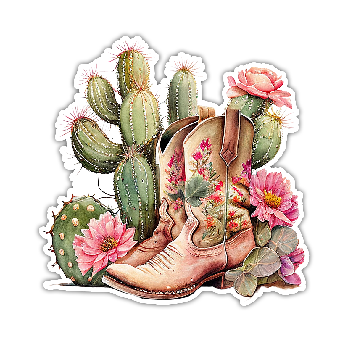 Desert Cactus Cowboy Boots Die Cut Sticker (4310)