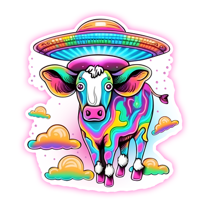Rainbow Alien UFO Cow Die Cut Sticker (4351)