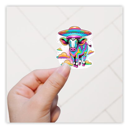 Rainbow Alien UFO Cow Die Cut Sticker (4351)