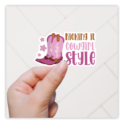 Kicking It Cowgirl Style Pink Cowboy Boots Die Cut Sticker (505)