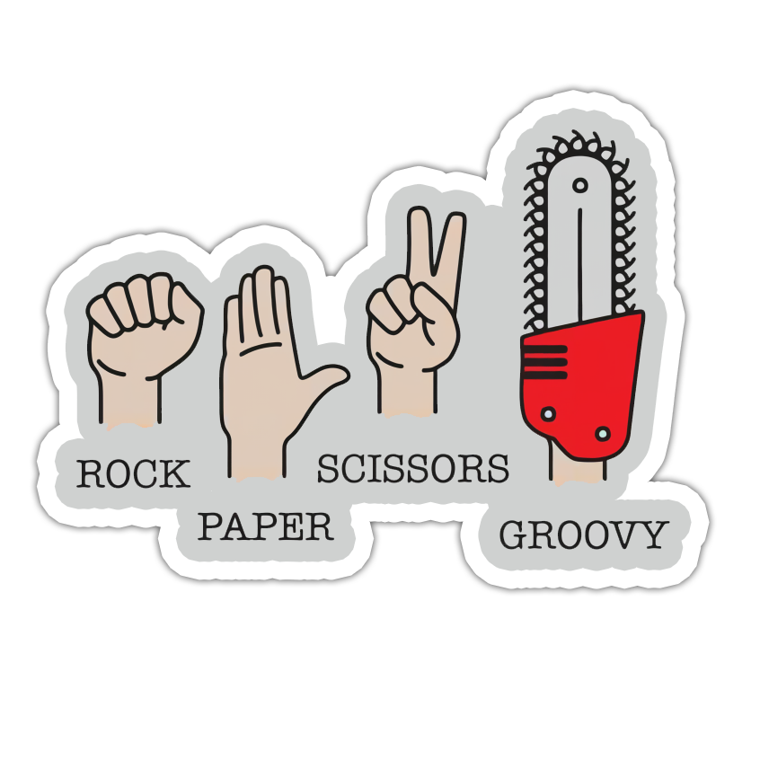 Evil Dead Army of Darkness Rock Paper Scissors Groovy Die Cut Sticker (5062)