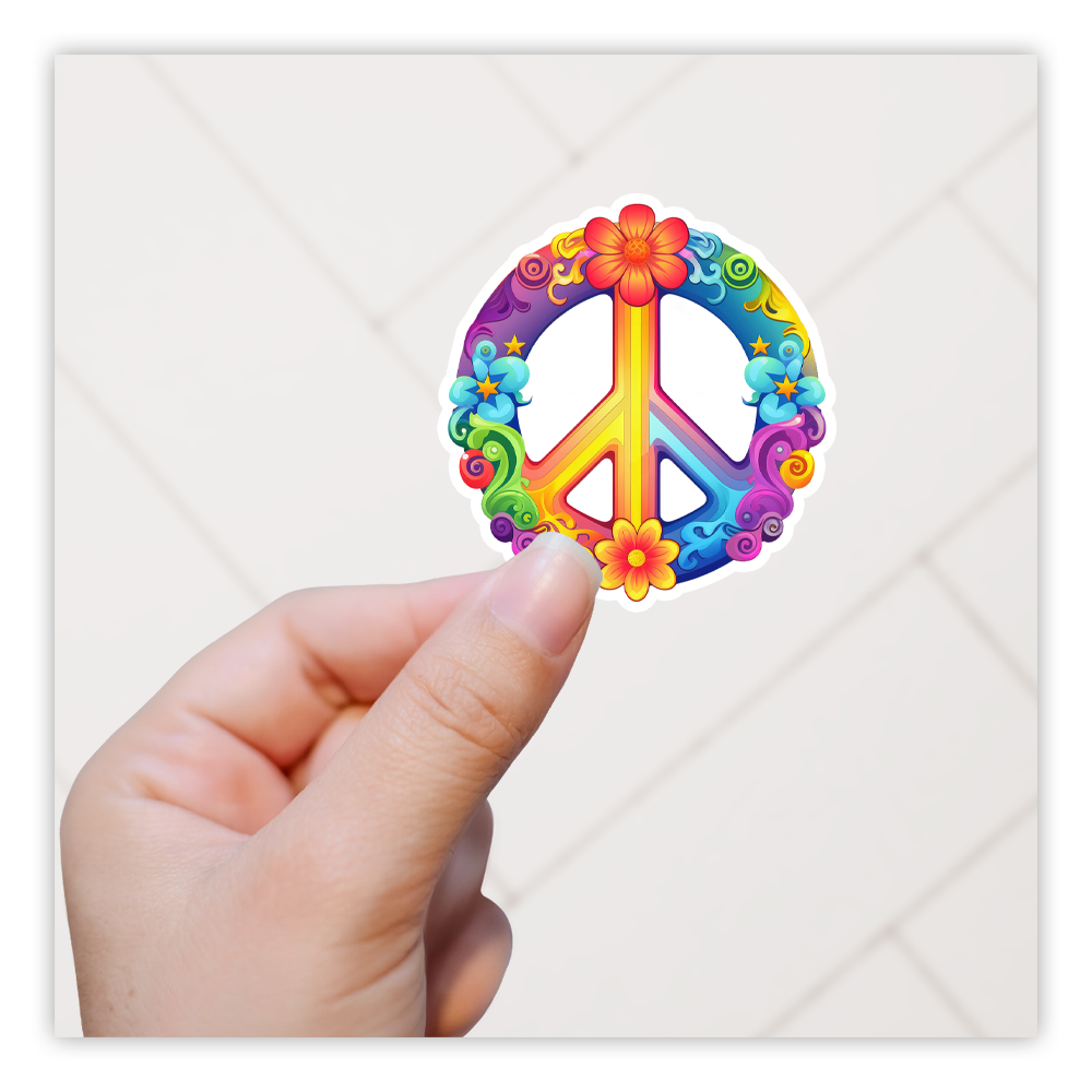 Rainbow Flowers Peace Sign Die Cut Sticker (5072)